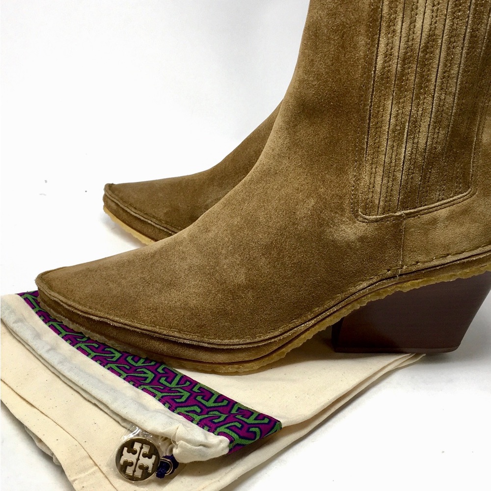 Tory Burch Lila Heeled Ankle Boot Natural Suede Alice Brown - Picture 13 of 15
